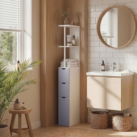 Colonne de salle de bain moderne avec 2 étagères, 2 tiroirs et 1 porte anti-basculement 15 x 33 x 136,8 cm Blanc