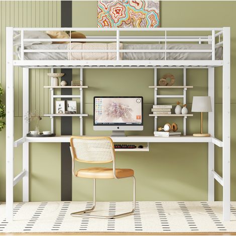 DESVIAE Lit mezzanine 140 x 200 cm en métal avec bureau et deux bibliothèques blanc pour enfant adolescent adulte (1/5)