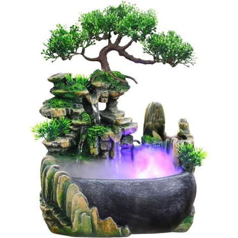 Fontana da interno con illuminazione a LED, fontana da tavolo a cascata con nebbia, fontana da tavolo in resina per acquario Gardin, fontana da interno con luce Zen e piante