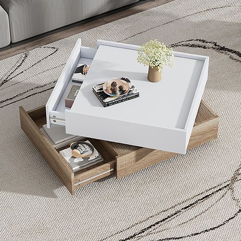 360° drehbarer Couchtisch mit 2 Schubladen, Stauraum, 60 x 60 x 38 cm, Weiß und Walnuss HAVRYA (1/5)