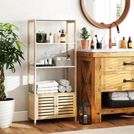 Étagère Salle Bain Étagères Ouvertes Portes Lattes Mobilier Intérieur Bambou Naturelle Blanche 63x30x138cm