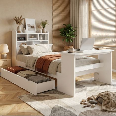 Cama 90x200 cm blanca de madera con cajón y mesa abatible (1/5)