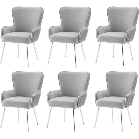 Chaise de salle à manger en velours, lot de 6, chaise lounge luxueuse pour salon et chambre, avec quatre pieds de support en métal argenté, avec accoudoirs et pieds réglables, soutien lombaire, gris (1/5)