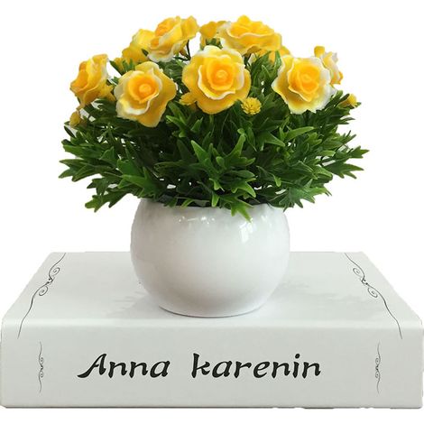 Plante Artificielle - Bonsai Simulé - Pot Fleur Décoration Intérieure Bureau Maison - Jaune - 14 x 15 cm - 1 Pièce