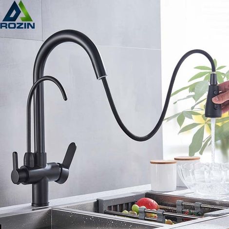 Robinet cuisine noir purificateur - 360° rotatif, 3 voies, pulvérisateur extractible (1/5)