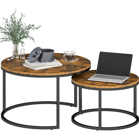 Lot de 2 tables basses gigognes empilable design industriel plateau imitation ciment pieds en métal brun rustique (1/5)