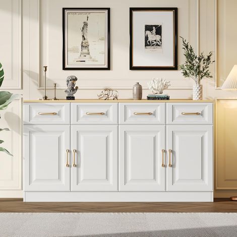 Buffet 140 Cm, Espace De Rangement, 4 Tiroirs, 4 Portes, Style Moderne, Bois Blanc, pour Cuisine, Salle À Manger, Salon (1/5)