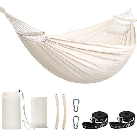 Coton Hamac Grand hamac Souple Respirant Hamac de Camping Peut Supporter jusqu'à 300KG Hamac d'arbre Portable avec Barre d'écartement détachable Oreiller 2 Sangles Solides 2 mousquetons (1/5)