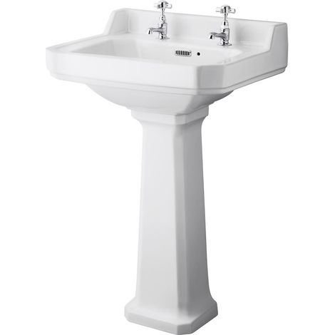 Milano Richmond 560mm x 450mm White Ceramic Full Pedestal Bathroom Basin Sink - 2 Tap Hole (1/5)