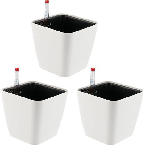 Set mit 3 quadratischen, weißen, selbstbewässernden Pflanzgefäßen aus Kunststoff, 14 cm, für drinnen und draußen, mit Wasserstandsanzeige, geeignet für Balkongärten (1/5)