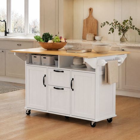 MEUBLIV isola da cucina mobile bianca e effetto legno con piano ribaltabile, prese e ruote (1/5)