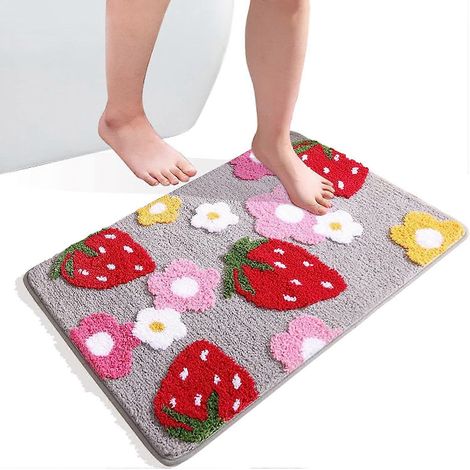 (Gris, 50 x 80 cm) Tapis de bain antidérapant et absorbant, lavable, motif fraise, idéal pour la chambre, la salle de bain et la décoration intérieure. (1/5)