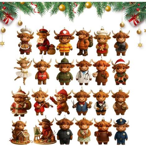 Calendrier de l'Avent de Noël 2025 avec motif de bœuf des Highlands écossais Décoration à suspendre en acrylique 2D - Compte à rebours de 24 jours - Pour maison de vacances, sapin de Noël (1/5)