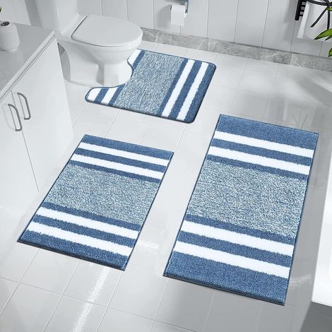 Lot de 3 Tapis de Bain Bleu, Super Absorbant Tapis de Salle de Bain Antidérapant, Microfibre et Moelleux Tapis de Douche Lavable en Machine, Ensemble Tapis Salle de Bain et WC (1/5)