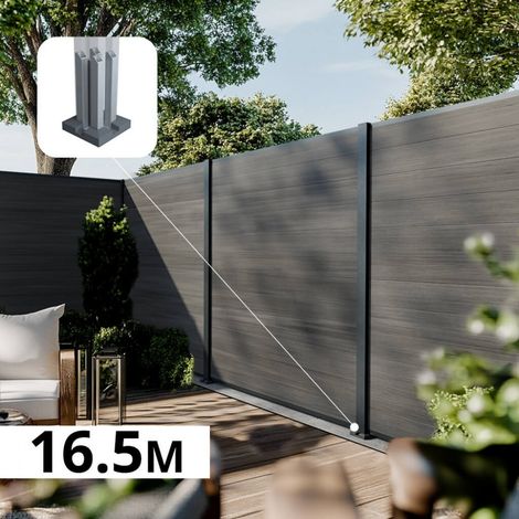 Kit Clôture Composite CRUZ Ardoise 16,5x1,8m - Bois composite & Aluminium - Poteaux sur Platines Gris - Brise vue - Palissade