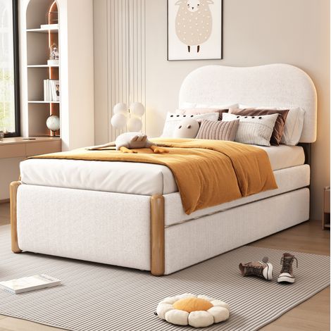 Letto singolo 90x200 cm bianco in tessuto effetto peluche e MDF con letto estraibile (1/5)