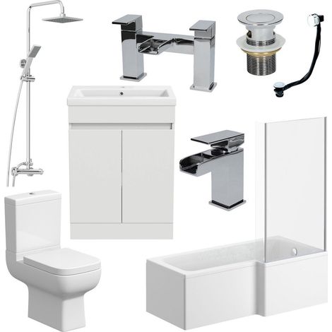 Bathroom Suite Complete RH 1700mm Bath Single Ended Basin Sink Taps Toilet WC (1/5)