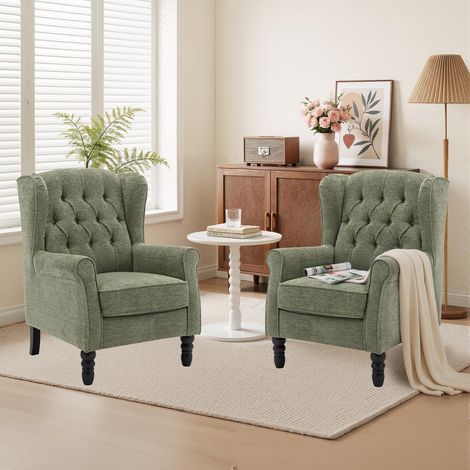Fauteuil Vintage Mi-Siècle Lot de 2, Fauteuil à Oreilles Rembourré avec Capitonnage Boutonné, Housse en Tissu et Pieds en Bois Massif pour Salon, Bureau, Café - Vert (1/5)