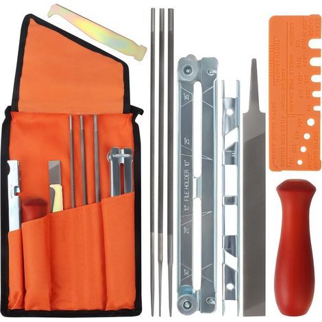 Chainsaw Chain Sharpening Kit - 1 Flat Chainsaw Sharpening File, 3 Round Blades, Wooden Handle, Depth Gauge, Quick Check Gauge, Groove Cleaner and Rolling Guide (1/5)