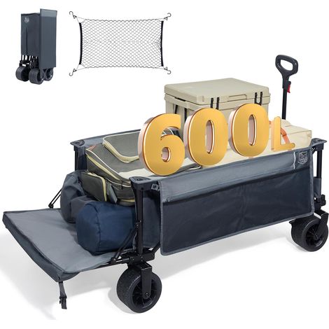 Chariot Pliable Plage 600L Grandes Roues avec Frein et Hayon charrette à 4 roues avec frein Hayon pliable pratique et grande capacité 600L, idéal pour la plage, le camping et le jardin (1/5)