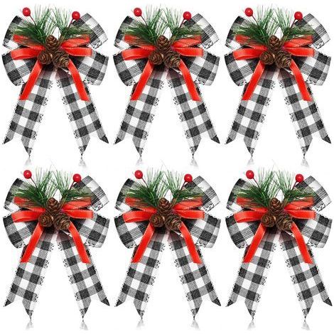 Set mit 6 Weihnachtsschleifen mit Tannenzapfen, Tannennadeln, schwarz-weißen Bändern, Christbaumkranz-Dekorationen für Weihnachtsfeiern - Muntra (1/5)