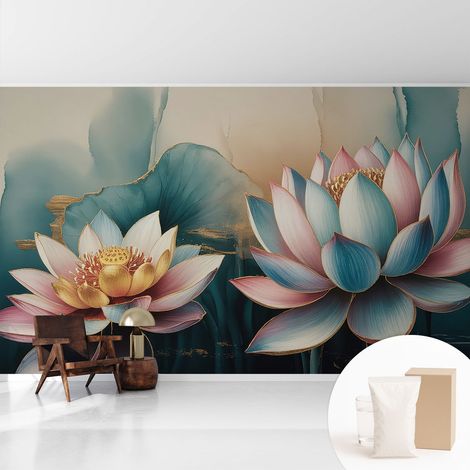 Papier peint intissé mural avec imprimé pour décoration pour salon pour chambre à coucher pour entrée Lotus de l'harmonie 416x254 cm (1/5)