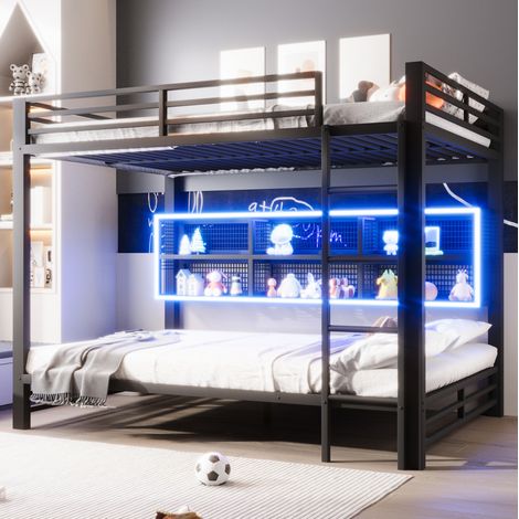 140 x 200 cm Hochbett mit Staufächern und LED-Licht, schwarz HAVRYA (1/5)