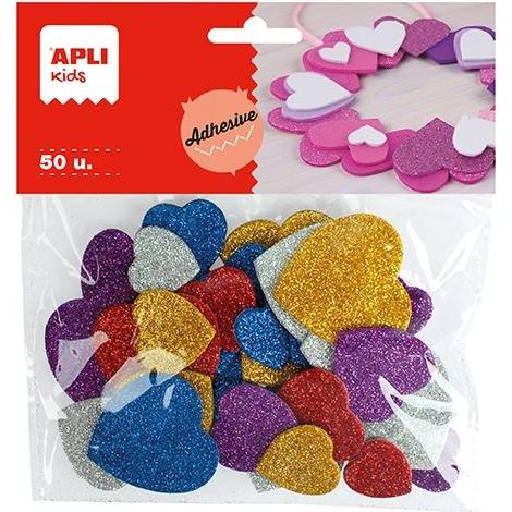 Formas de corazón de goma EVA adhesiva con acabado purpurina metalizada en colores surtidos: plata, azul, lila, rojo y oro. Medidas surtidas y adhesiv