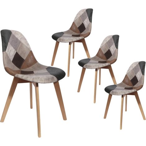 Altobuy – Lot de 4 chaises scandinaves en tissu aspect cuir patchwork – Hauteur d'assise 49 cm – Piétement en bois massif naturel – Dimensions 46 x 55 x H85 cm (1/5)