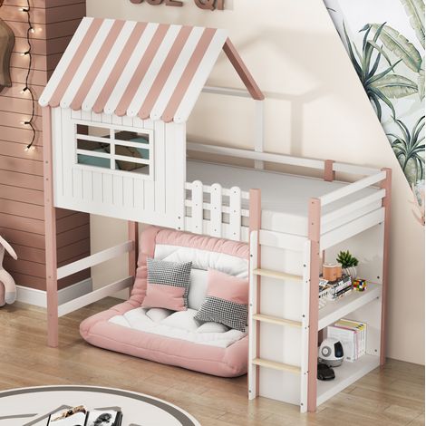 letto 90x200 casa rosa massello con scaletta sicurezza HAVRYA (1/5)