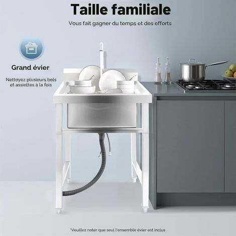 Évier Inox 60x60x93 cm, Etagere Inox Cuisine Professionnel, 1 Bac, Autoportant, avec Robinet 360°, Pieds Réglables et Dosseret 13 cm, pour Restaurant, Garage, Atelier (1/5)