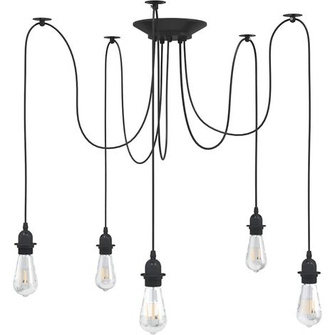 Lampe suspendue vintage 5 porte-lampes E27 réglable hauteur 157 cm en métal noir (1/5)