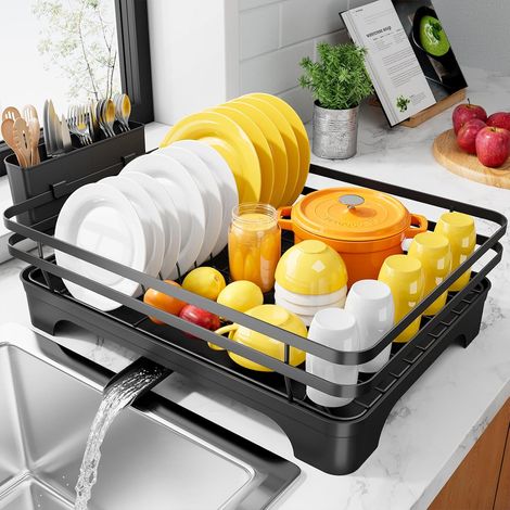 Égouttoir vaisselle Kitsure 40x30,5x14 cm, porte couverts extérieur, noir, robinet extractible (1/5)