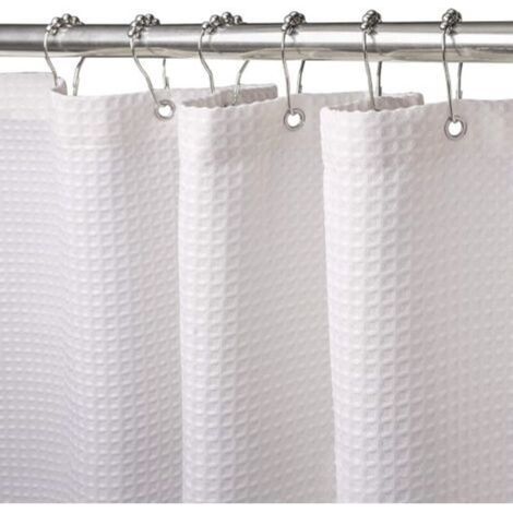 Waffle Shower Curtain with Metal Rings, Anti-Mold Bathtub Shower Curtain, Sturdy Fabric Bathroom Curtain for Bathtub and Shower Enclosure, Weighted Hem - 180x180CM (White)