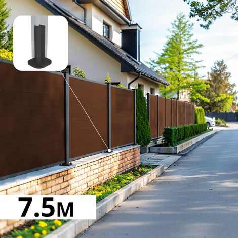 Kit Clôture Composite sur Muret CRUZ Ipé 7,35x1,2m - Bois composite & Aluminium - Poteaux sur Platines Gris Anthracite - Brise vue