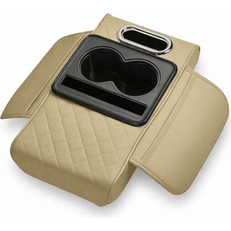 Cuscino Bracciolo Auto in Pelle 2 Portabicchieri in Pelle Beige Organizer