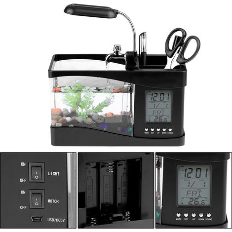 Aquarium Mini Multifonction USB Rechargeable avec Horloge et LED - Noir (1/5)