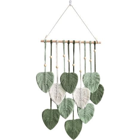 Papier peint à franges en macramé, motif feuilles vertes, style bohème chic. Décoration murale bohème faite main en corde de coton tissée. Art mural esthétique pour chambre. (1/5)