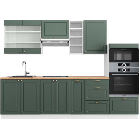Cucina componibile Fame-Line, Verde-oro rustico/Bianco, 280 cm , PL Rovere, Vicco