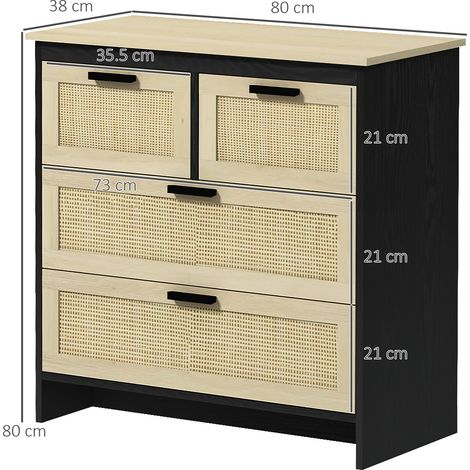 Commode en aggloméré et rotin à 4 tiroirs pour salon ou chambre, 80 x 38 x 80 cm (1/5)