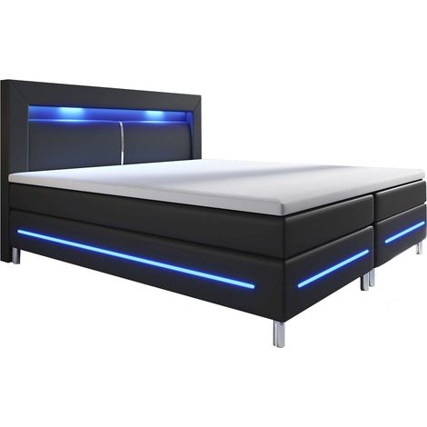Letto a molle Norfolk - ecopelle nero 140 x 200 cm Struttura letto con materasso a molle, topper e illuminazione LED (1/3)