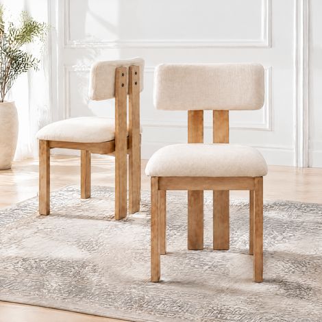 Wahson Lot de 2 chaises de salle à manger en lin beige – Dossier incurvé et coussin rembourré – Pieds en bois massif – Confort optimal pour salon et cuisine, Beige