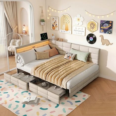 Canapé Lit 140x190 cm avec Éclairage LED et Prise USB, Cadre de Lit double avec Rangement et 2 Tiroirs, Lits 2 Places avec sommier à Lattes en Bois, pour Enfant/Adulte, sans Matelas, Lin, Bege (1/5)