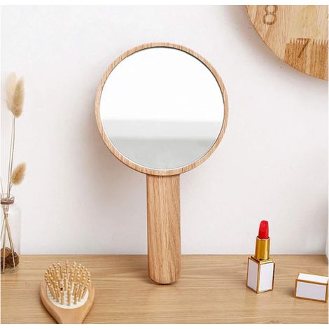 Miroir de poche avec poignée, miroir HD à main avec cadre en bois, miroir simple de style rétro pour salon de coiffure, miroir de maquillage pour salon de beauté (1/5)