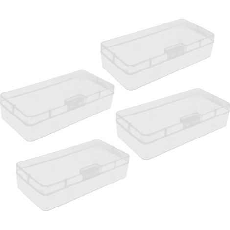4-teiliges Set aus transparenten Kunststoffboxen (18,5 x 9 x 4,5 cm) mit Klappdeckel, Aufbewahrungsbox für kleine Büroartikel, Büroklammern und Bastelzubehör. (1/5)
