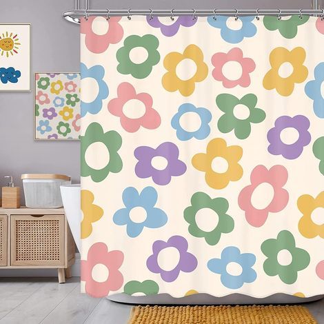 Rideau de douche mignon à fleurs pastel, style bohème rétro des années 70, ensemble de rideaux de douche en tissu esthétique pour filles, enfants, salle de bain, décoration florale rose funky (1/5)