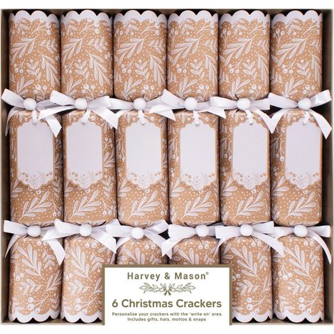 Pack of 6 Christmas Crackers Kraft Paper Name Tags Brown White Holly 12" (1/4)