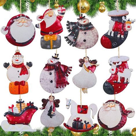 Otra decoración para Navidad, 12 piezas de adornos navideños, decoraciones de madera para árbol de Navidad con cordel de yute colgante, estilo vintage, Papá Noel y muñeco de nieve (1/5)