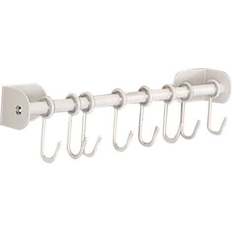 Barre de rangement murale adhésive en acier inoxydable 201 avec 8 crochets pour spatules, cuillères, casseroles et poêles - Blanc - 40 cm (1/5)