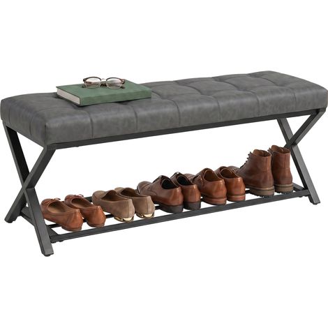 Schuhbank, Eingangsbank mit Kunstlederpolster, 112 x 37 x 47 cm, Dunkelgrau (1/5)